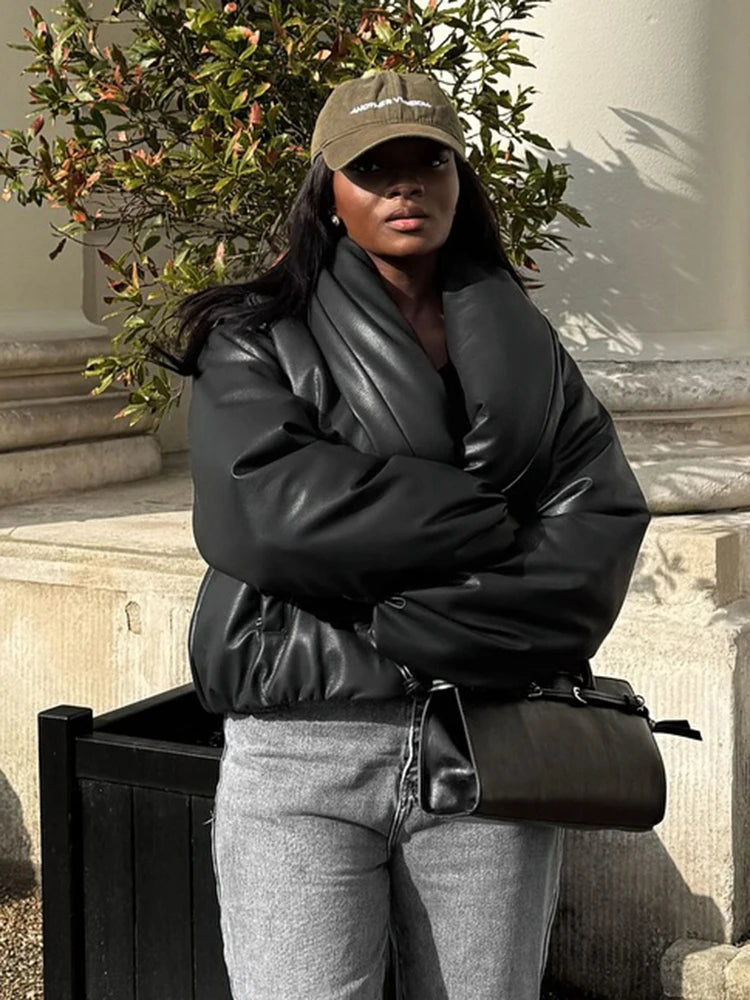 PU Waterproof Crop Puffer Jacket Women Winter Warm Leather Stand Collar Quilted Parkas Full Sleeve Streetwear Coat