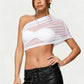 Women Sheer Mesh Cover Ups with Layered Bandaeu Bra Set Solid Color One Shoulder Summer Crop Tops Y2K Streetwear