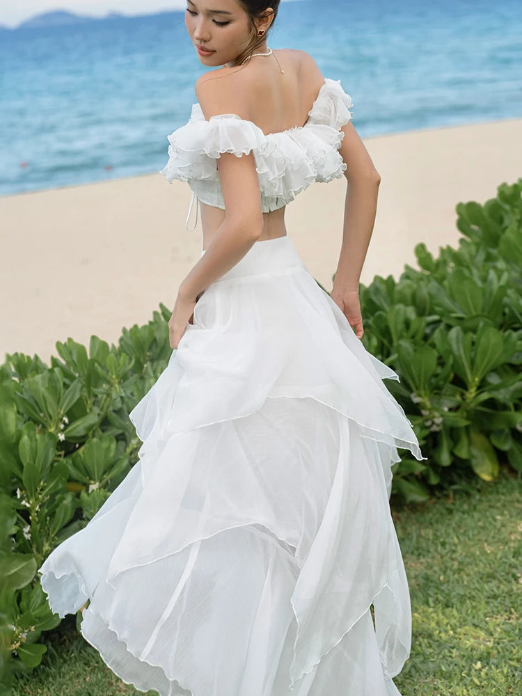 Elegant 2Piece Set Women Tierred Patchwork Bandage One Shoulder Tops+Irregular Hem Ruffles Skirts Vacation Chic Suits