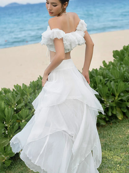 Elegant 2Piece Set Women Tierred Patchwork Bandage One Shoulder Tops+Irregular Hem Ruffles Skirts Vacation Chic Suits