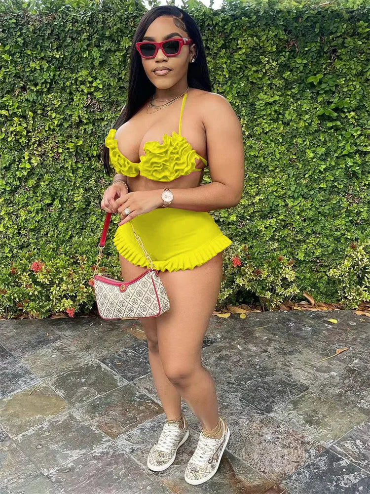 Beach Style 2 Piece Set Women Haltere Backless Ruched Bra+Ruffles Skinny Skirts Vacation Fashion Sexy Hipster Outfits