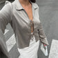 Elegant Satin Lapel Collar Shirt Women Long Sleeve Flare Cuff Tie Front Blouse Solid Color Silky V Neck Lace Up Cardigan