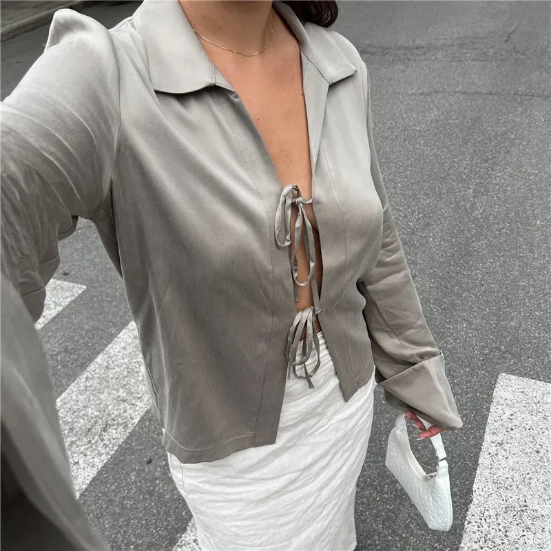 Elegant Satin Lapel Collar Shirt Women Long Sleeve Flare Cuff Tie Front Blouse Solid Color Silky V Neck Lace Up Cardigan