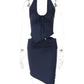 Women Navy Blue Halter Neck Two Piece Outfit Ruched Drawstring Asymmetrical Top And Mini Skirt Set Female Dress Set