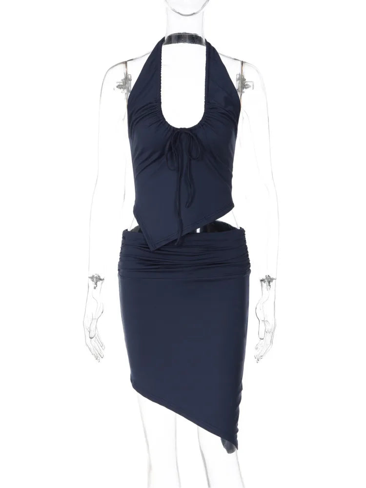 Women Navy Blue Halter Neck Two Piece Outfit Ruched Drawstring Asymmetrical Top And Mini Skirt Set Female Dress Set