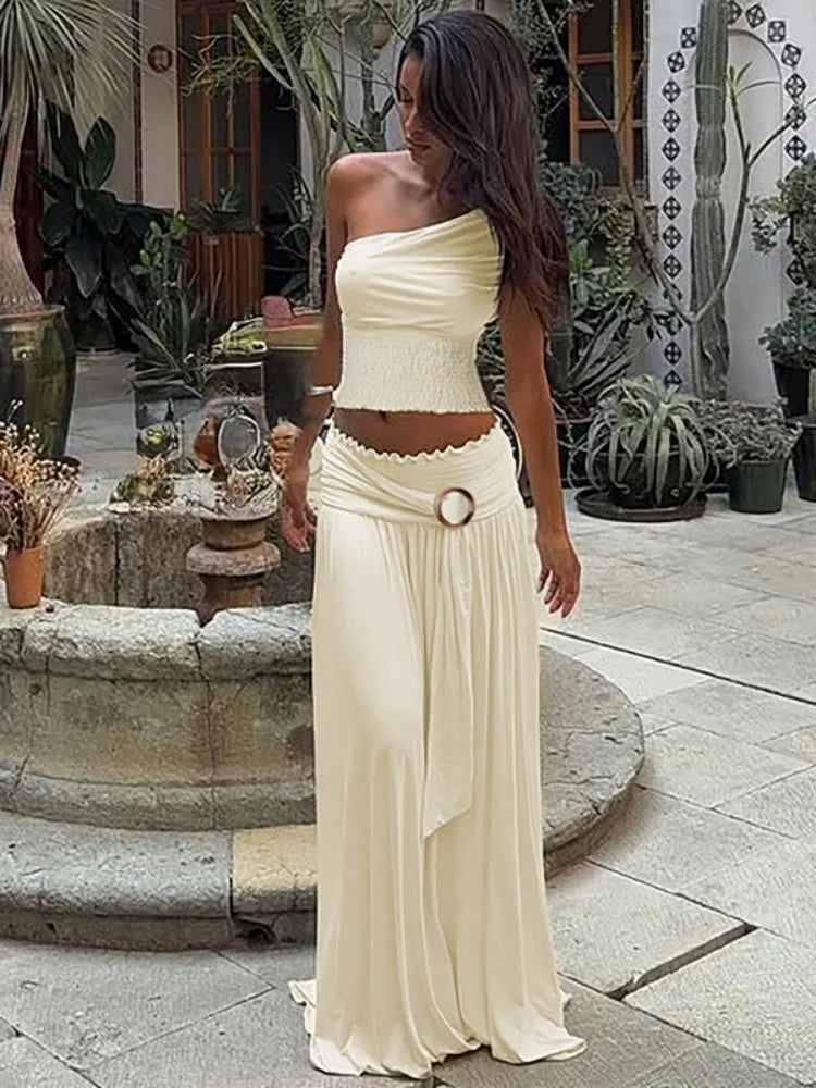 Sexy Two Piece Set Smocked One Shoulder Crop Top and Long Skirts Elegant Woman Vacation Outfits