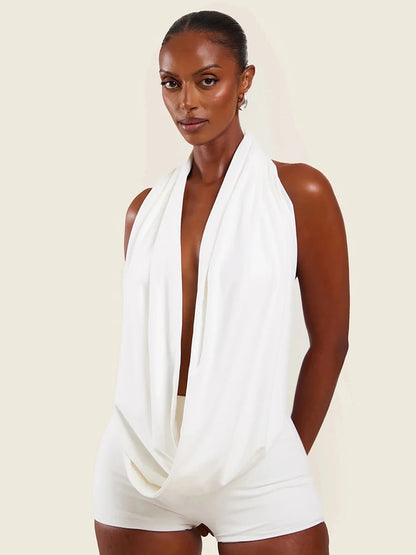 Sexy Fashion 2 Piece Set Women Halter Swing Collar Backless Crop Tops+Skinny Peach Hip Shorts Evening Hipster Outfits