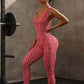 Cross Knot Bandage Design Yoga Jumpsuit Woman Leopard Print Low-Neck Sleeveless Skinny Wrap Hip Sporty Style Overalls