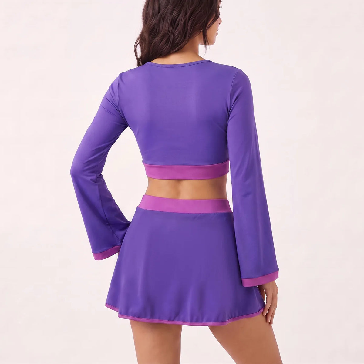Women Purple 2 Piece Costume Set Flare Long Sleeve Crop Top And Mini Skirt Contrast Trim Halloween Cosplay Party Outfit