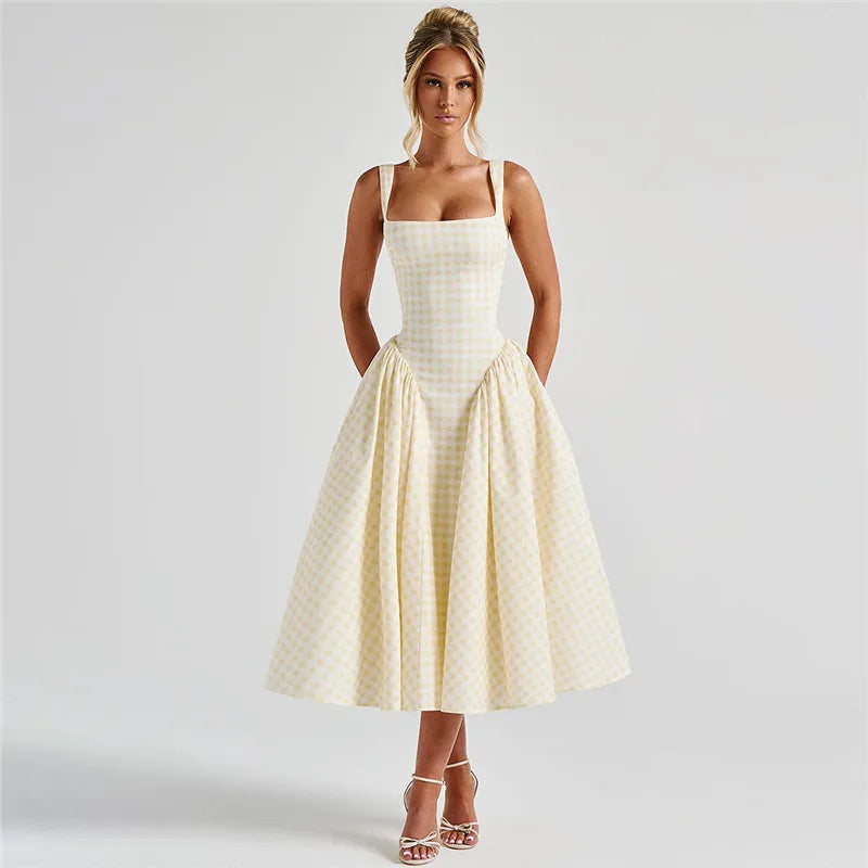 Women Sleeveless Corset Dress Summer Plaid Print Backless A-Line Party Dress for Vacation Cocktail Beach Streetwear
