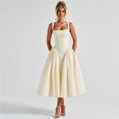 Women Sleeveless Corset Dress Summer Plaid Print Backless A-Line Party Dress for Vacation Cocktail Beach Streetwear