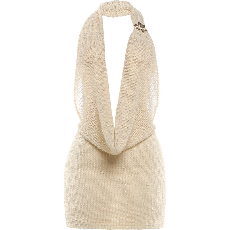 Crochet Halter Backless Dress Women Sexy Swing Collar Peach Hip Sleeveless Hottie Stretch Club Summer Mini Bodycon