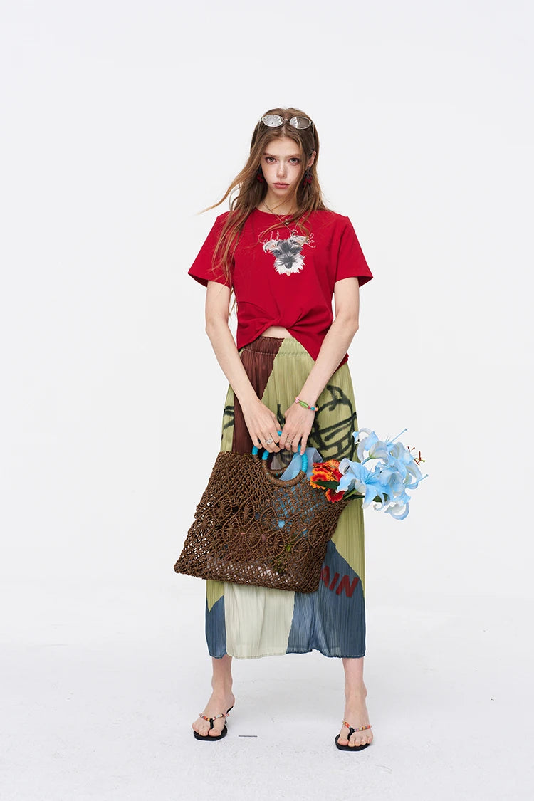 Schnauzer Print Cropped T-Shirt, Letter Graphic Twisted Tee, Casual Short Sleeve Top for Women