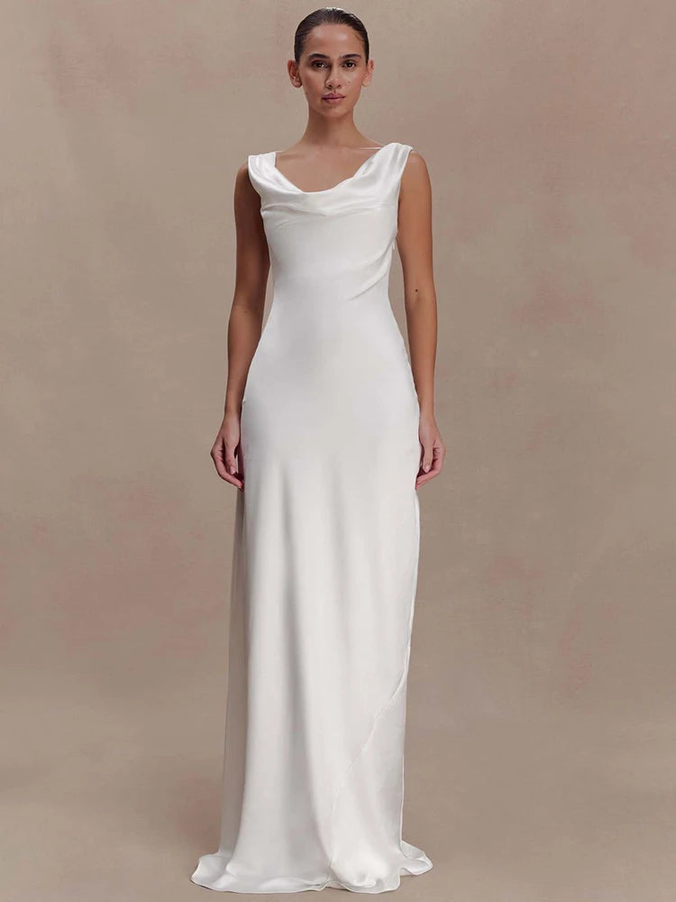 Elegant Satin Cowl Neck Sexy Maxi Dress Women Fashion Sleeveless Backless Bodycon Slip Club Party Long Dress Female