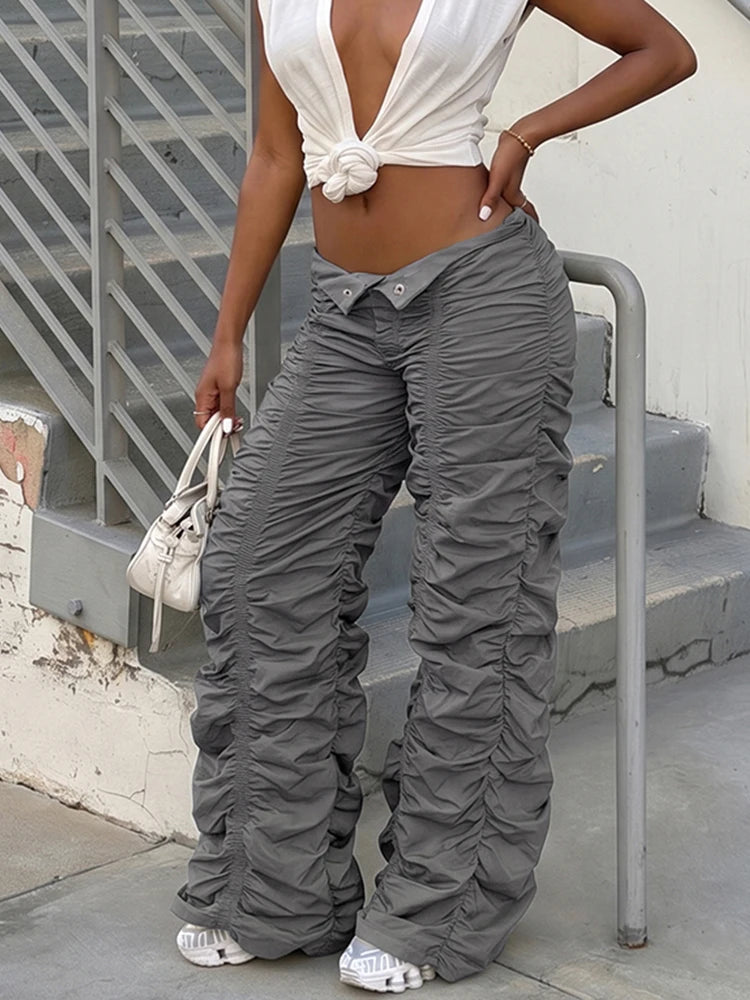 Casual Fashion Long Pants Woman Button Low-Waist Folds Design Hot Girls High Street Versatile Style Classic Buttoms