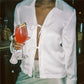 Elegant Satin Lapel Collar Shirt Women Long Sleeve Flare Cuff Tie Front Blouse Solid Color Silky V Neck Lace Up Cardigan