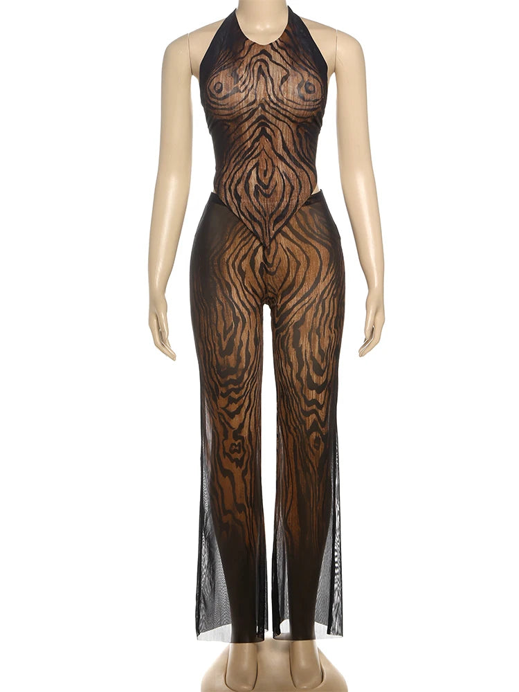 Stripe Print Women 2 Piece Set coquette See Through Hipster Full Sleeve Crop Tops+Straight Pants Matching Clubwear