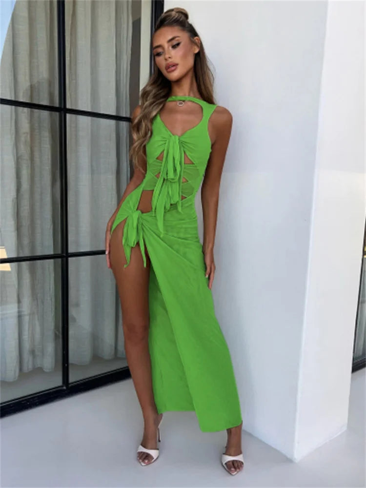 Sexy See Through Dress Women Irregular Hollow Bandage Tassel Sleeveless Autumn Midnight Coquettish Slits Maxi Bodycon