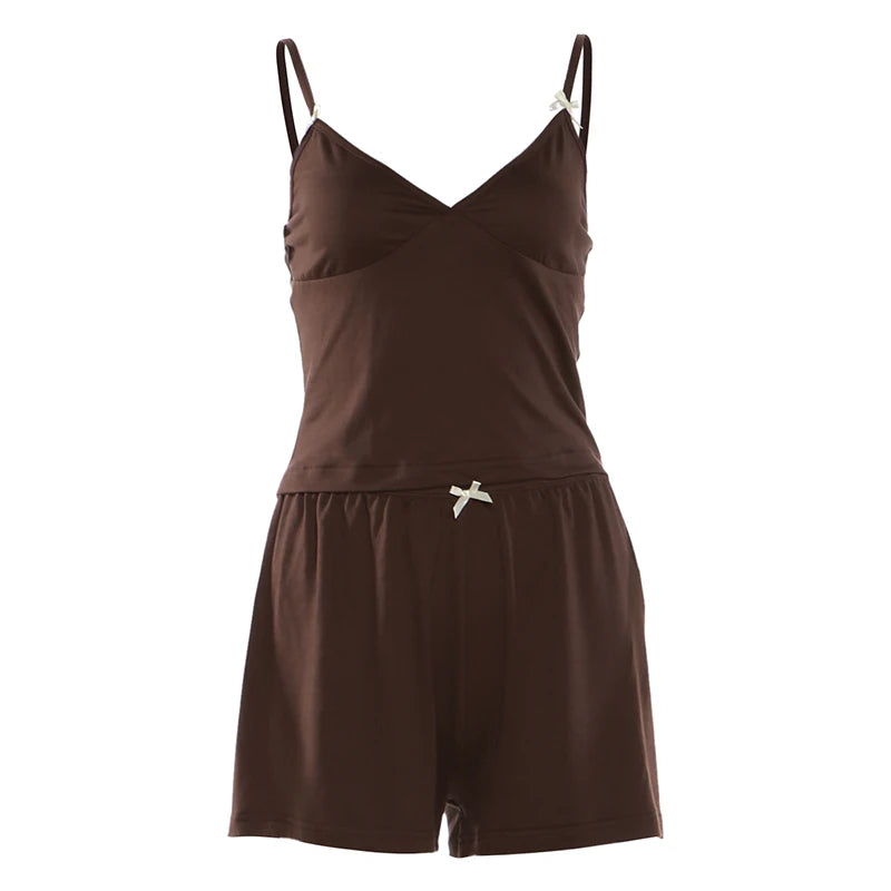 Sporty Streetwear Women Trend Simple 2-Piece Set Trend Fashion Bow Appliques Low Chest Camisole+Shorts Hottie Suits