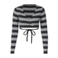 Gray Striped Knit Long Sleeve Wrap Crop Tops Deep V Neck High Quality Fall T Shirts Woman Clothing