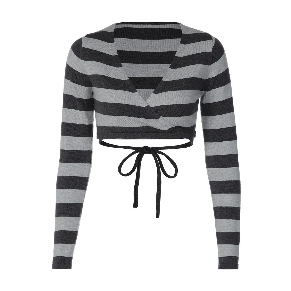 Gray Striped Knit Long Sleeve Wrap Crop Tops Deep V Neck High Quality Fall T Shirts Woman Clothing