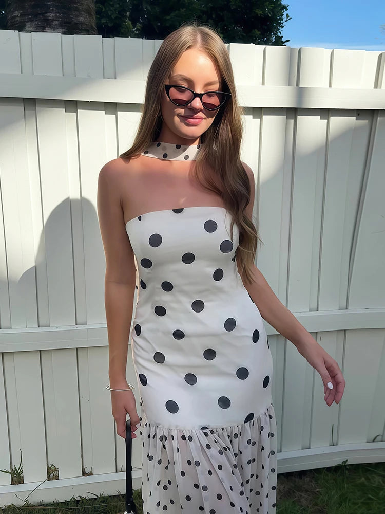 Polka Dot Print Dress+Silk Scarf Women Sexy Fashion Mesh Patchwork Hem Sleeveless Elegant Trend Party Club Bodycon