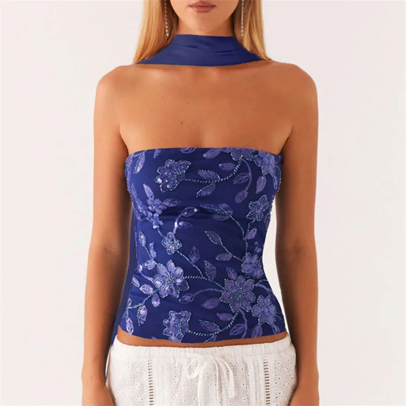 Women Y2K Sequin Tube Top with Scarf Sexy Backless Pearl Embellished Beaded Cami Bling Glitter Rhinestone Camisole