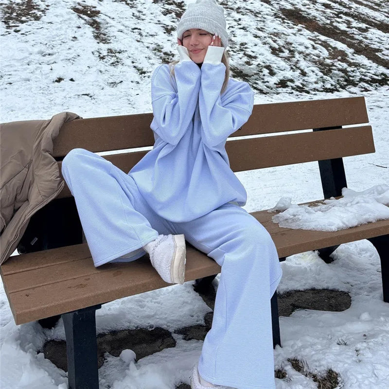 Striped Sweatshirt Sets for Women 2 Piece Pants Outfits Y2k Long Sleeve High Neck Pullover and Pants Spring Tracksuit