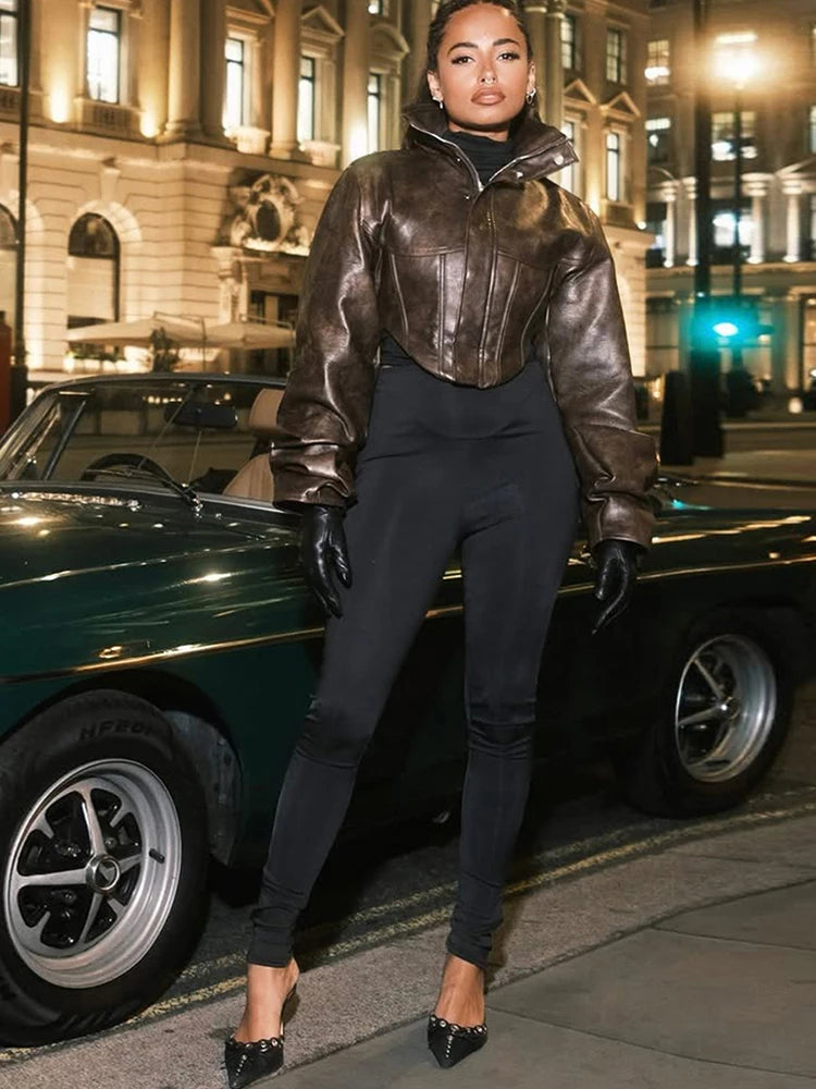 Pu Irregular Crop Jacket Women Turtleneck Zip Button Full Sleeve Wild Sexy Hottie Street Midnight Club Hipster Coat