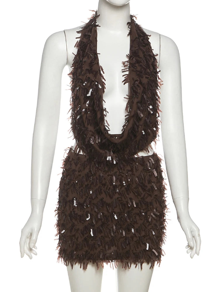 Slim Sequin Tassels 2 Piece Set Women Sexy Swing Collar Tank Tops+Peach Hip Skits Midnight Summer Birthday Party Clubwear