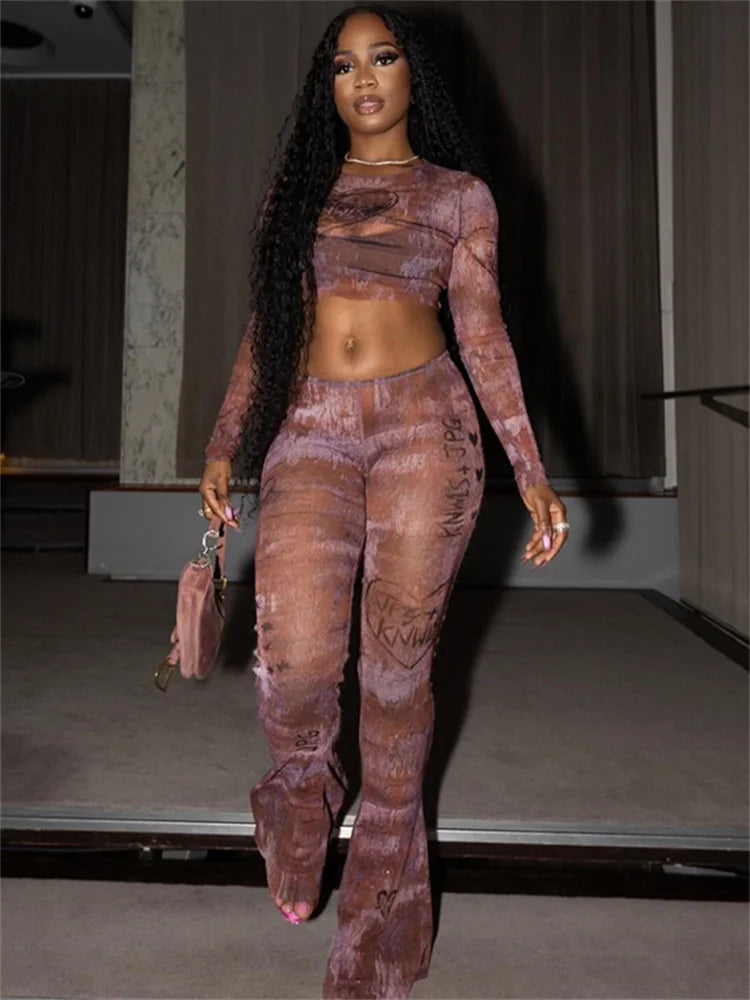 Fashion Print Sexy See Through 2 Piece Set Women o-Neck Full Sleeve Crop Tops+Straight Flared Pants Hottie Streetwear