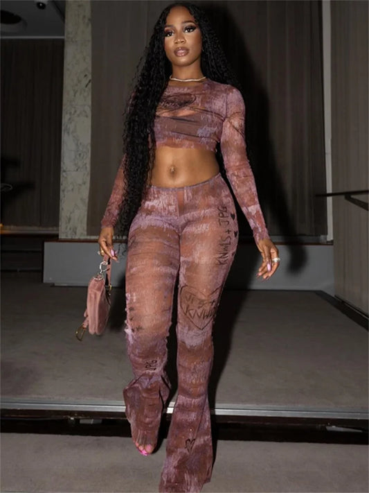 Fashion Print Sexy See Through 2 Piece Set Women o-Neck Full Sleeve Crop Tops+Straight Flared Pants Hottie Streetwear