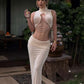 Elegant Banquet 2 Piece Set Women Sexy Bead Patchwork Turtleneck Tank Top+Ruched Mesh Hem Skirts Chic Party Clubwear