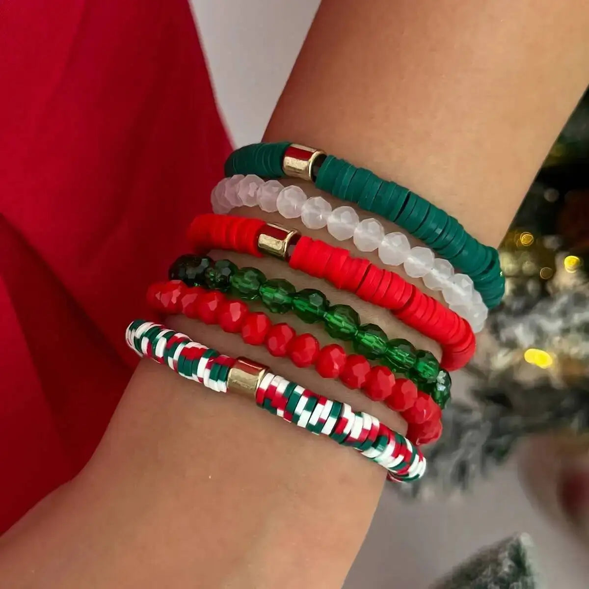 6Pcs/set Y2K Polymer Clay Stackable Bracelets Women Cute Charm Colored Adjustable Elastic Bangles Christmas Jewelry