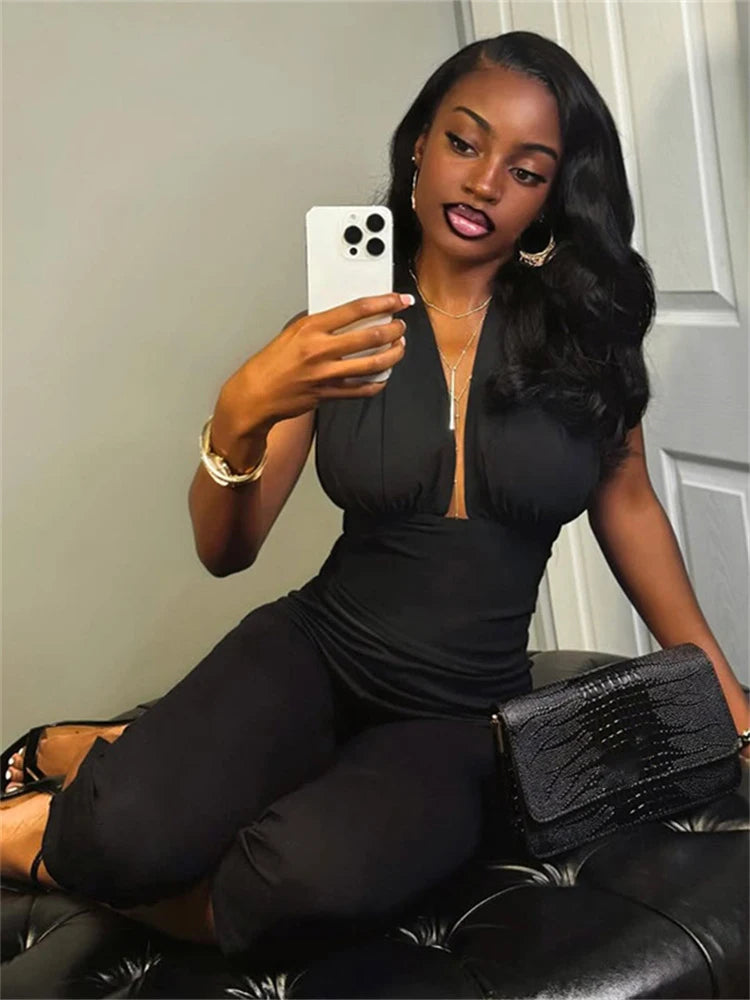 Casual Sporty Jumpsuits Women Summer New Style Ruched Deep V-Neck Sleeveless Street Solid Simple Fashion Overalls