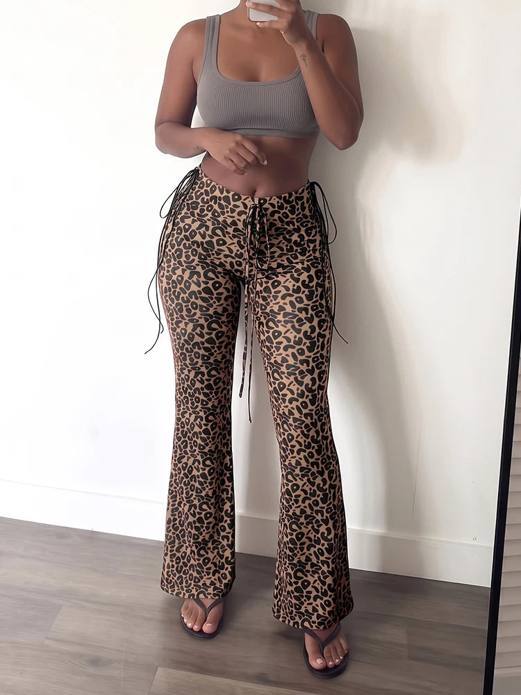 Hottie Shirring Bell Pants Women Fashion Trend Leopard Print Drawstring Stretch Skinny Midnight Street Club Bottoms