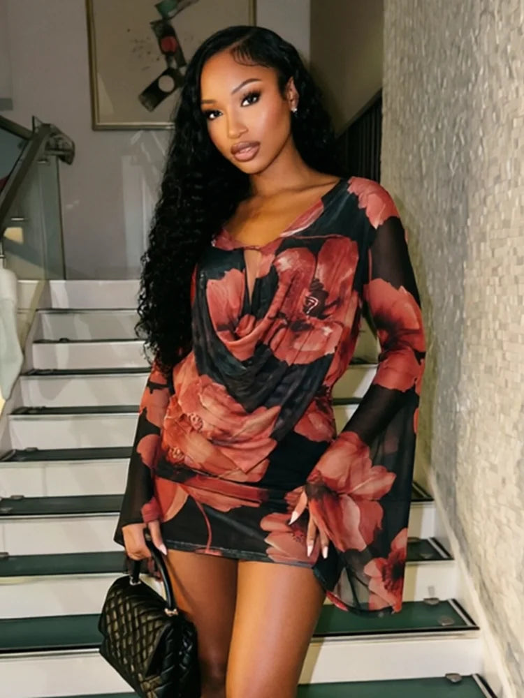 Mesh Patchwork Mini Dress Woman Floral Print Swing Collar Lace-Up Backless Full Sleeve High Street Elegant Bodycon