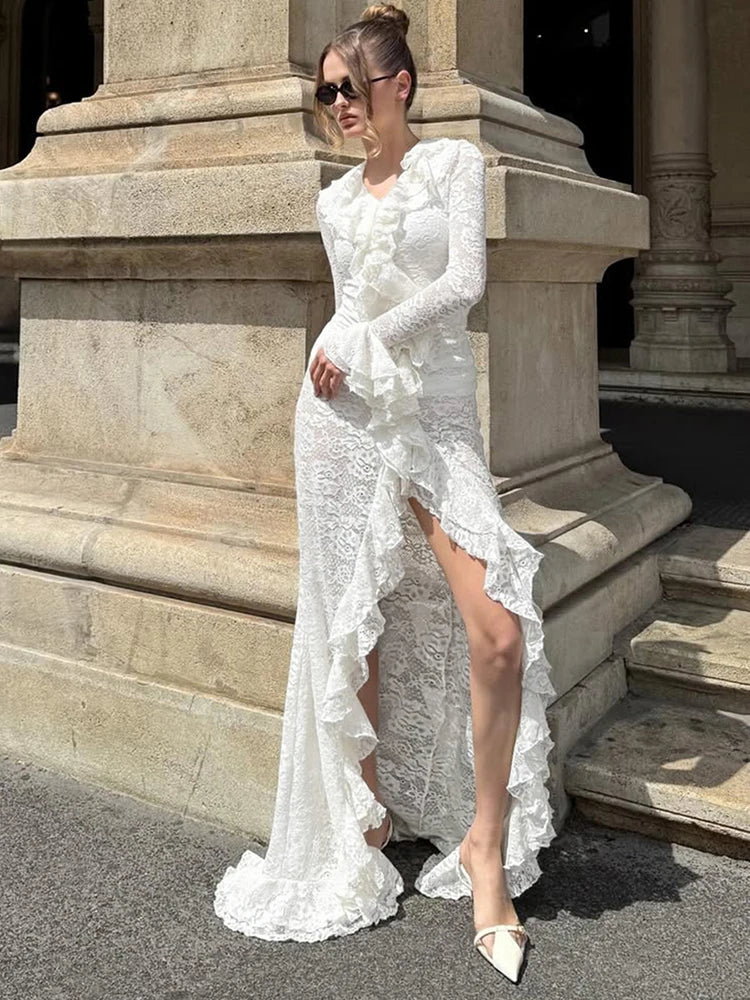 Jacquard Sexy Dress Women Autumn Trend Ruched Tierred V-Neck Split Wedding Dinner Elegant Party Skinny Maxi Bodycon