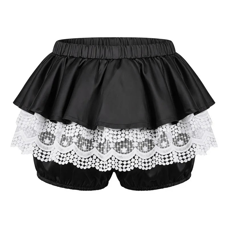 Lolita Sweet Lace Layered Bloomers Women Elastic High Waist Ruffle Fake Two Piece Skort Lace Hem Casual Cute Short Pants