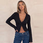 Lace Trim Yellow Ribbed Long Sleeve Tops V Neck Button-up Cardigan Woman Fall Fashion T Shirts