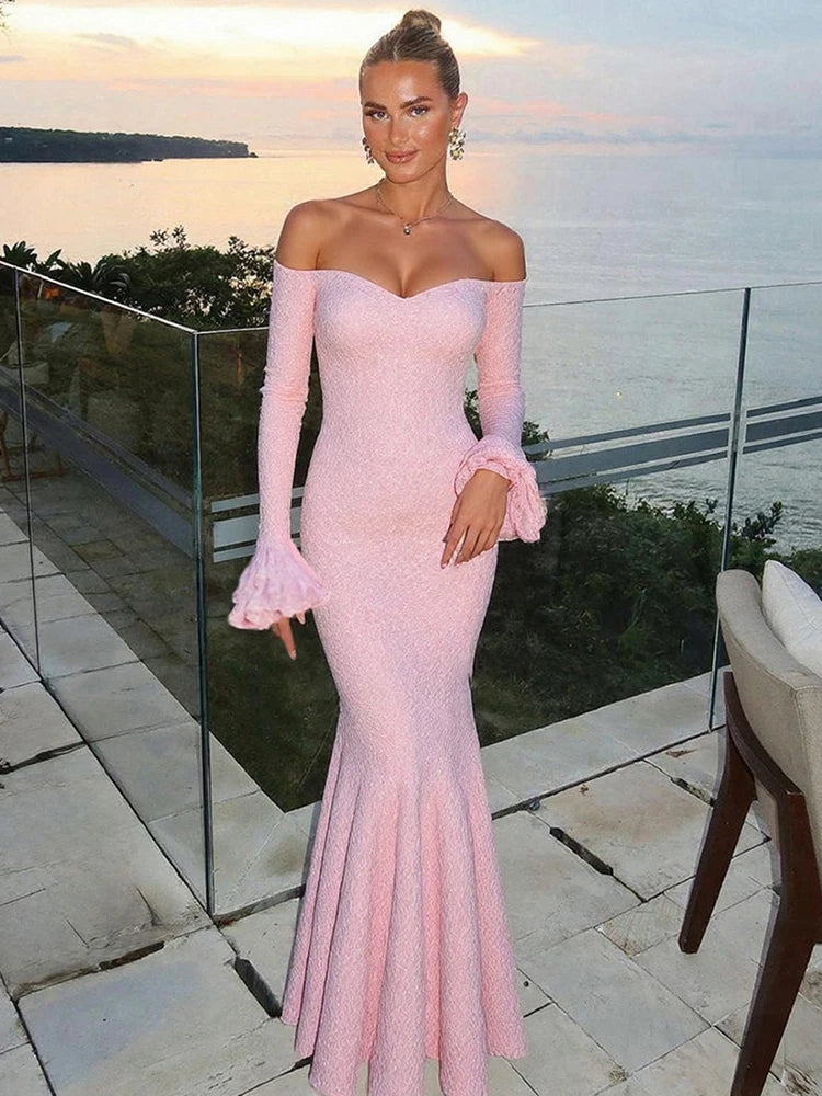 Sexy See Through Dress Women Slash Neck Off Shoulder Flared Sleeve Ruffles Hem Street Ruched Elegant Long Bodycon