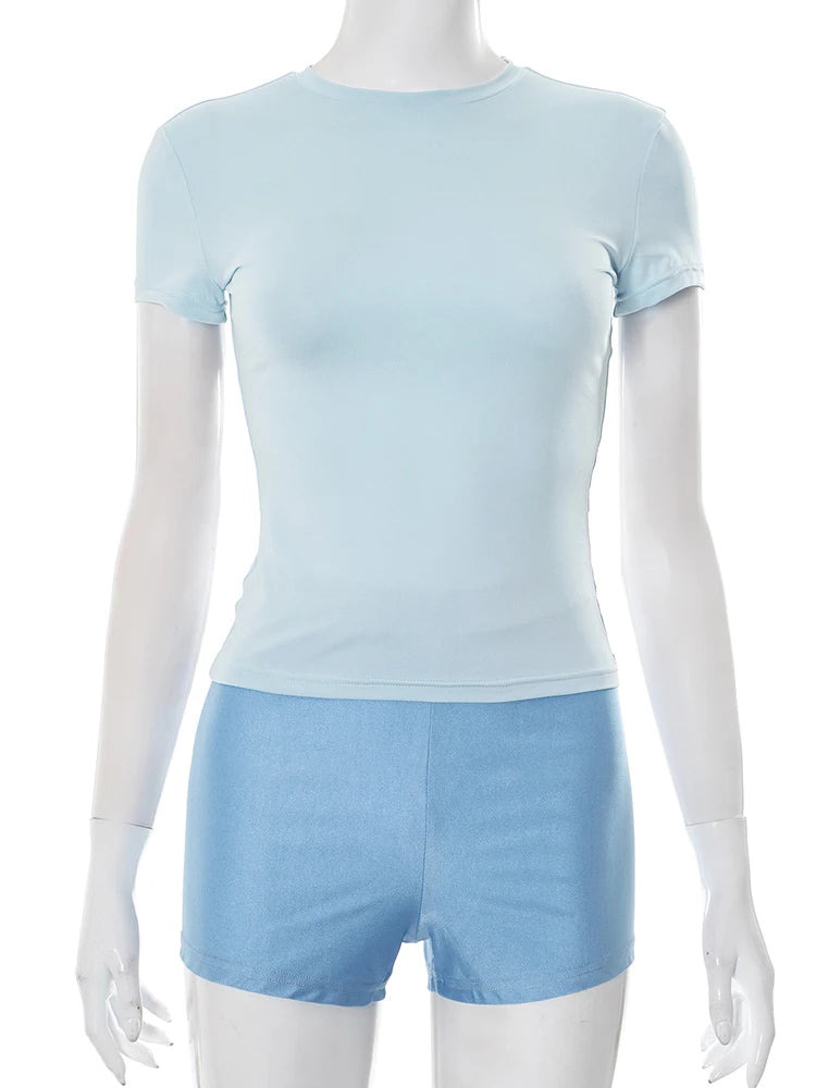 Casual Women 2 Piece Set Tracksuit Shorts Sleeve Crop Tops+Shorts Sporty Activity Simple Matching Streetwear Outfits