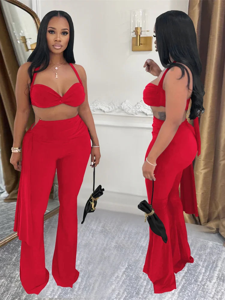 Sexy Chic 2 Piece Set Women Summer Halter Backless Knot Camisole+Metal Ruched Ribbon Flare Pants Matching Outfits