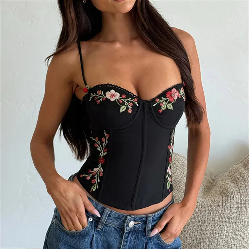Floral Embroidered Corset Top Women Spaghetti Strap Scalloped Trim Bustier Crop Top Sexy Y2K Coquette Aesthetic Camisole