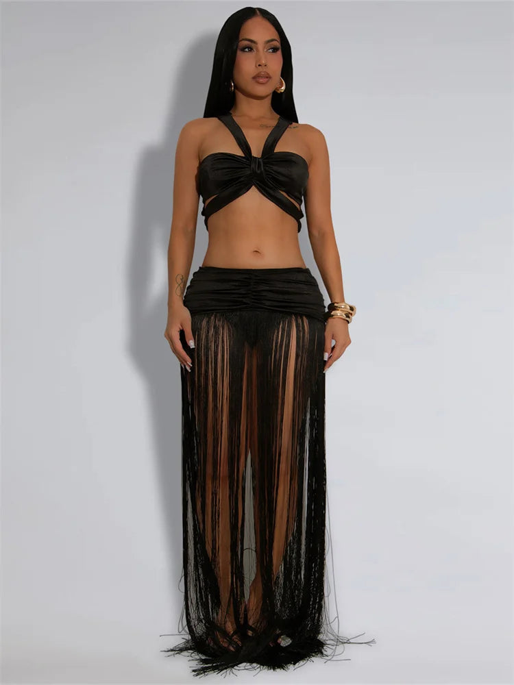 Sexy Fashion 2 Piece Set Women Cross Bandage Backless Irregular Tank Tops+Tassel Patchwork Long Skirts Wild Style Set