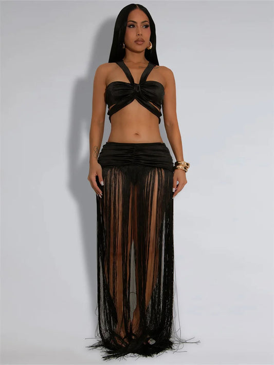 Sexy Fashion 2 Piece Set Women Cross Bandage Backless Irregular Tank Tops+Tassel Patchwork Long Skirts Wild Style Set