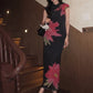Short Sleeve Skinny Button Flower Print Women Stand-Up Collar Elegant Chinese Style Summer Trend Daily Classic Vestidos