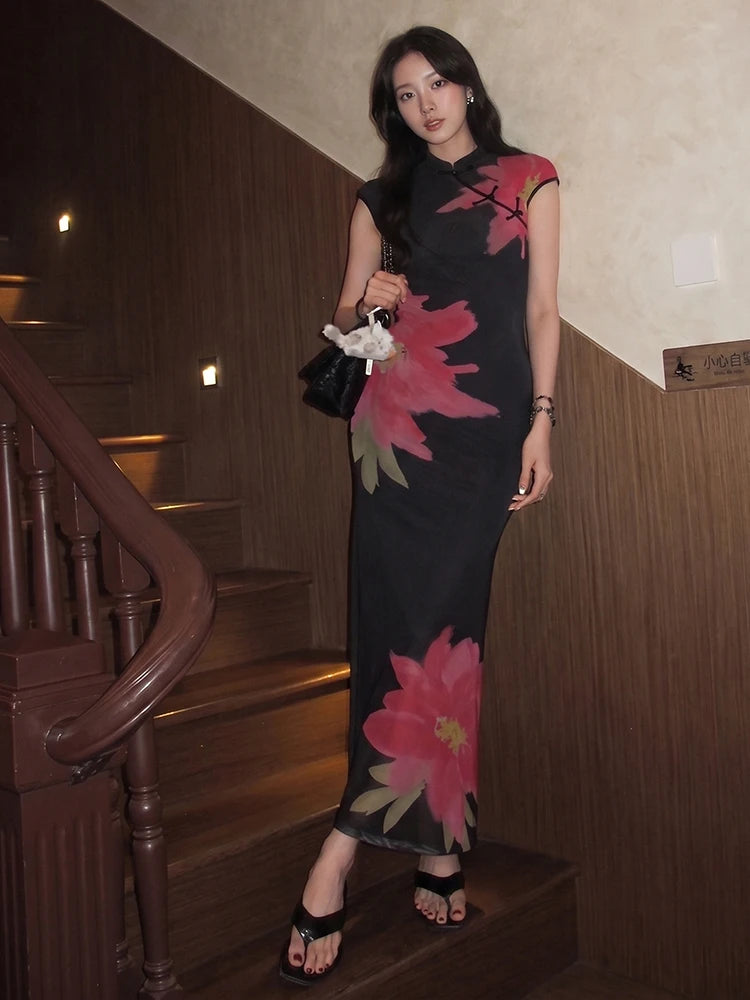 Short Sleeve Skinny Button Flower Print Women Stand-Up Collar Elegant Chinese Style Summer Trend Daily Classic Vestidos