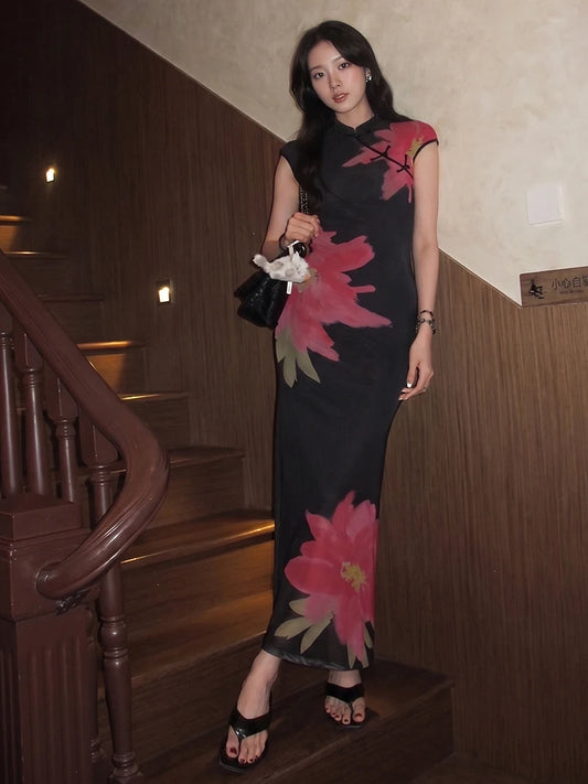 Short Sleeve Skinny Button Flower Print Women Stand-Up Collar Elegant Chinese Style Summer Trend Daily Classic Vestidos