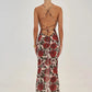 Spaghetti Strap Backless Print Dress For Women Fashion Deep V Neck Sleeveless Lace Up Bodycon Printed Sexy Long Dress
